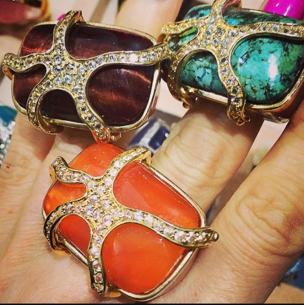 New Angelique de Paris Gold Plated Red Brown Tigereye Cage Ring Size 7